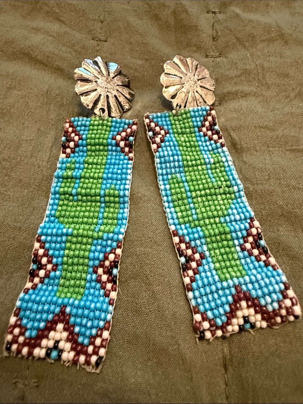 Handmade Beaded Cactus Dangle Earrings - Turquoise & Green - Picture 2 of 4